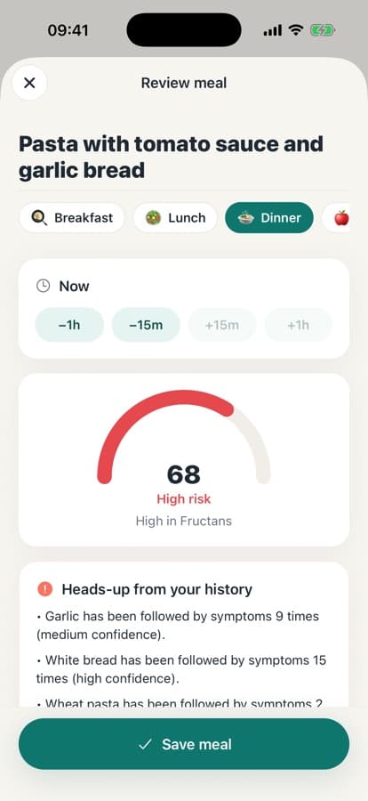Gutprint meal review screen showing a high FODMAP risk score and personal warnings